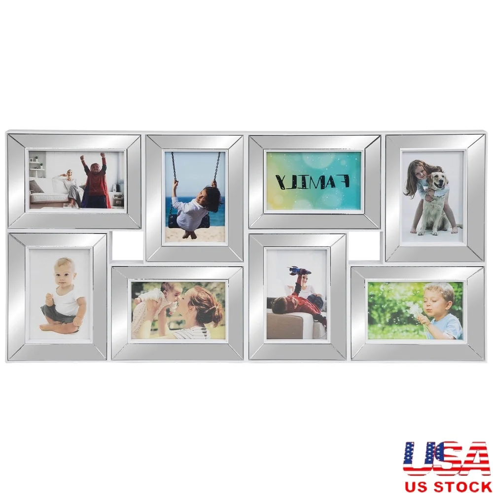 

8 Photo Collage Frame Wall Decor White Glass Mirrored Panel Horizontal Vertical Hanging Hardware Indoor Use 14x28 Inches