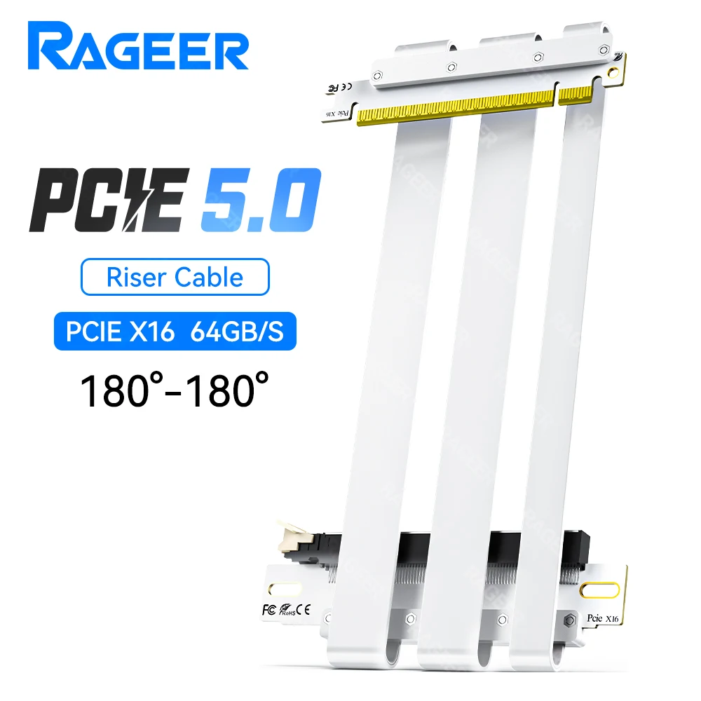 RAGEER PCIe 5.0 X16 Riser-kabel 64Gbps voor 50/40/30-serie, compatibel met 4.0/3.0, voor verticale installatie GPU 180 ° tot 90 °