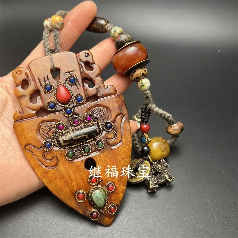 Antique high ancient inlaid jade dragon nine eyes dzi beads physical jade pendant