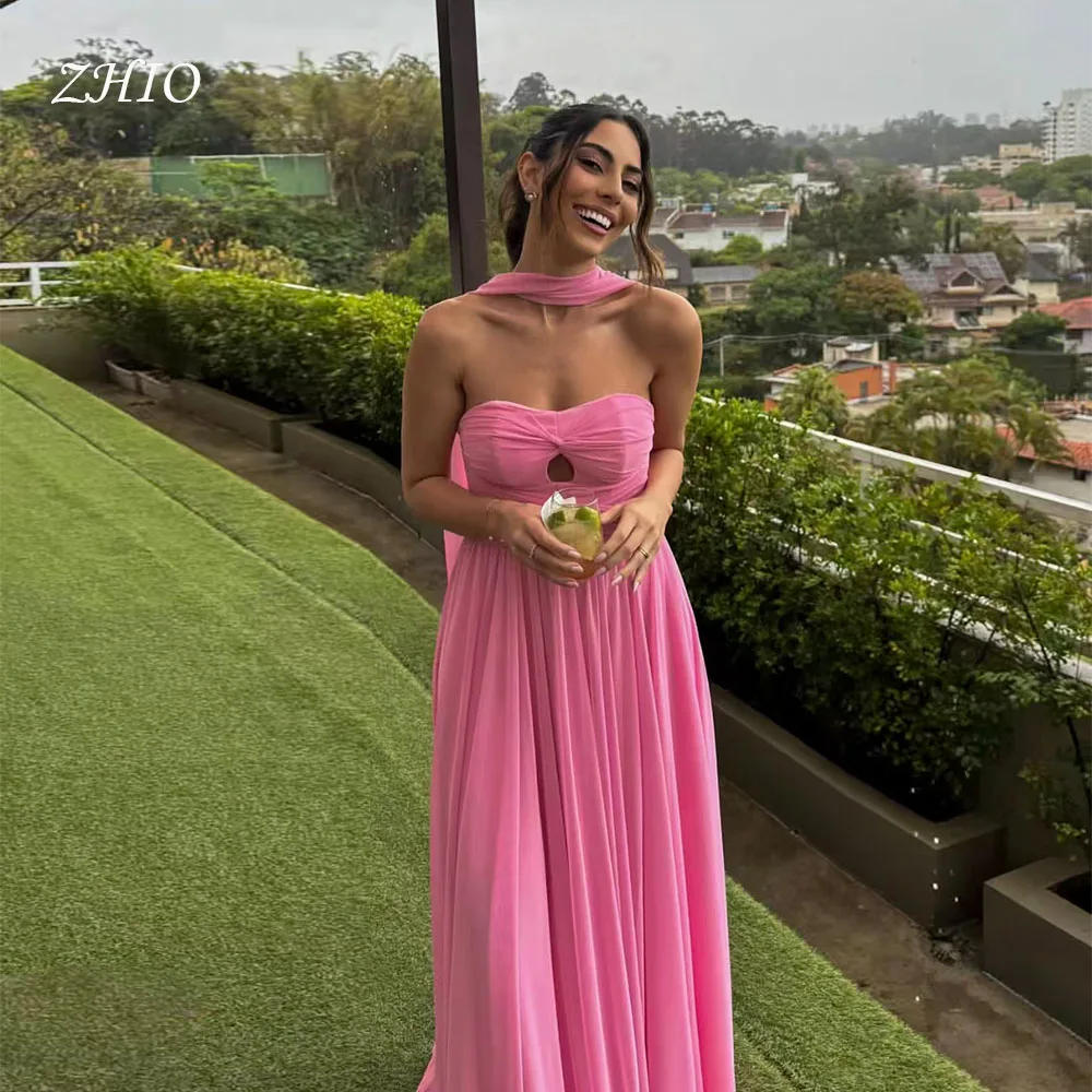 ชุดราตรีผ้าซาตินสีชมพูอ่อน ZHIO ดีไซน์หวานซ่อนเปรี้ยว พร้อมผ้าคลุมไหล่ ตัดเย็บแบบผ้าคลุมไหล่  ยาวกรอมพื้น เหมาะสำหรับงานแต่งงาน งานเลี้ยง  ชุดราตรีแบบมืออาชีพ  สามารถสั่งตัดได้