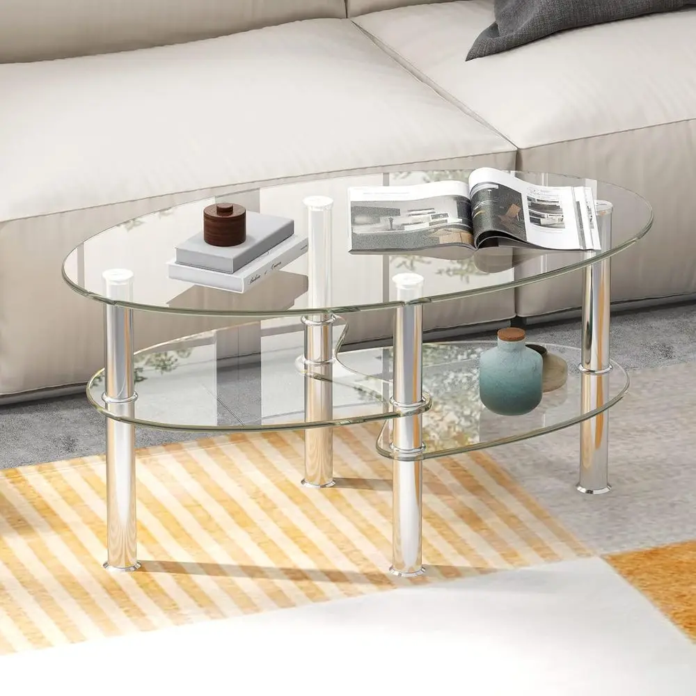 

Glass Coee Table, 3-Tier Soa Side Table with Metal Tube Legs and Open Shelves, ern Oval Coee End Table or Living Room Oice (Tran