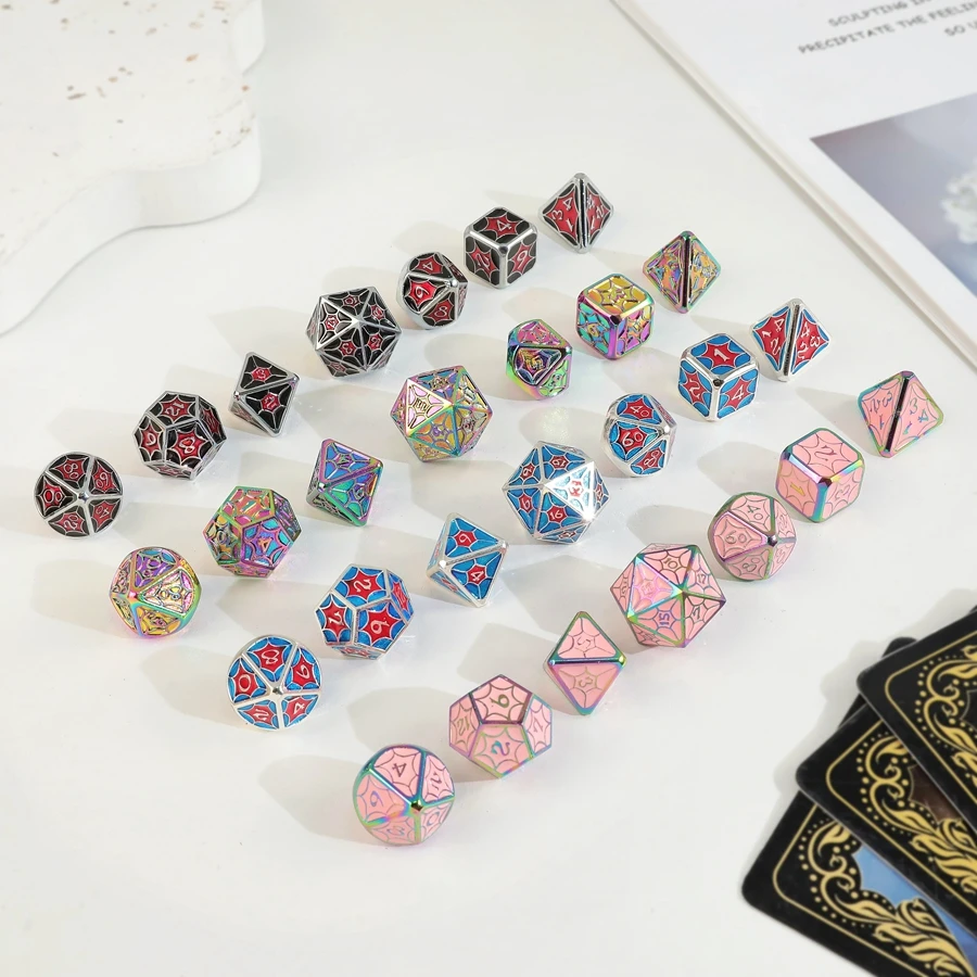 New Style 10 Colors Polyhedral Metal Dice 7pcs/set Role Play Games DND Dice Ornaments Accept Custom Font Symbol Pattern Logo