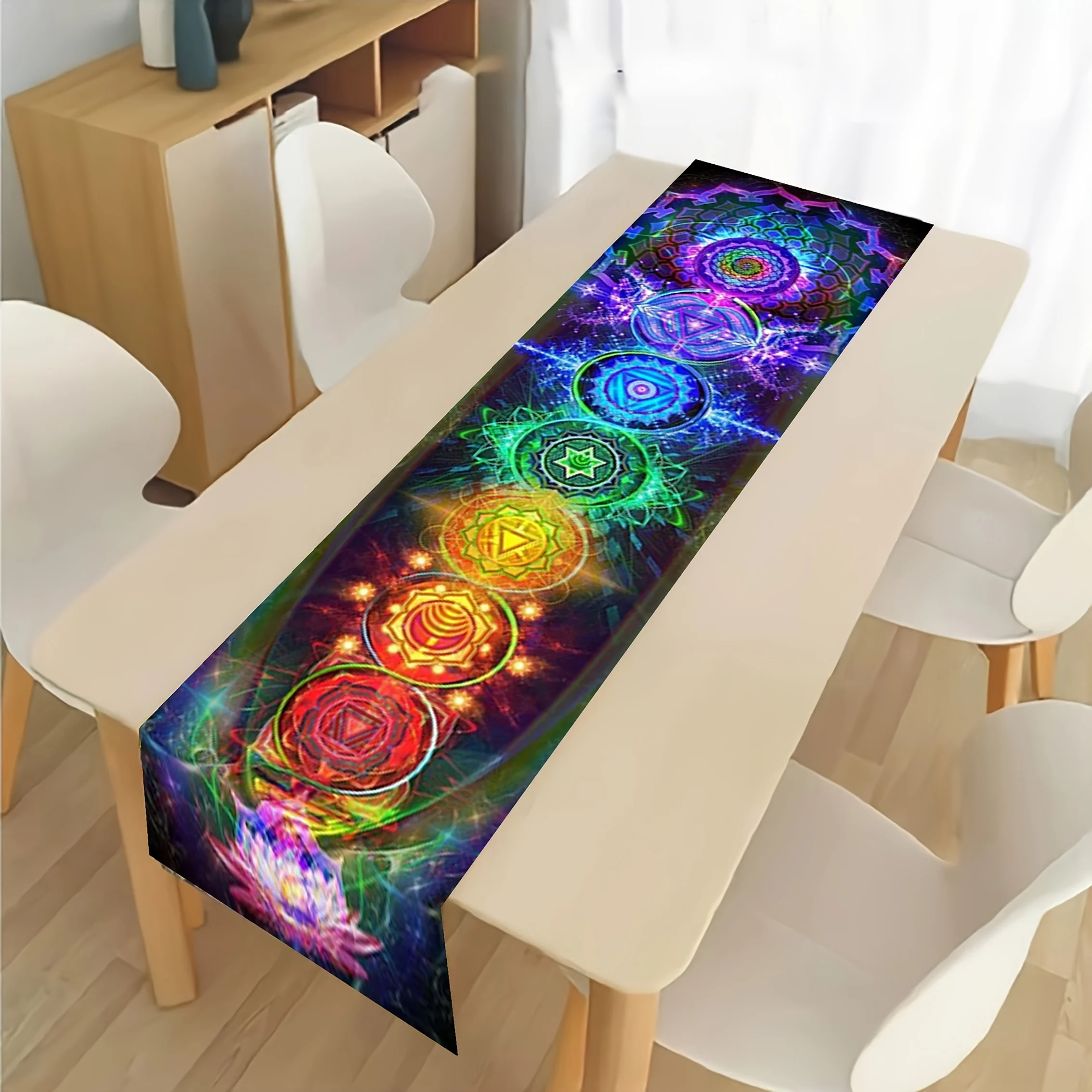 1 Vibrant Chakra Meditation Table Runner, Suitable for Farmhouse, Indoor, Kitchen, Celebrations, Table Decoration, Restaurant, and Banquet Decoration Supplies