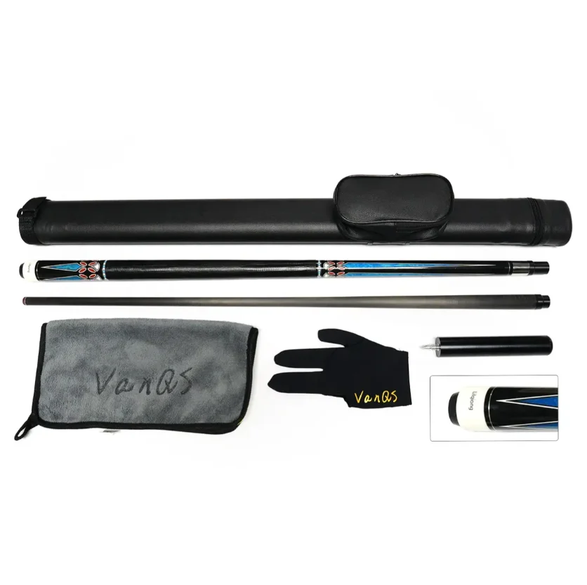 Carbon fiber shaft billiard pool cue with extension 58 inch 12.5mm tip with cue bag and glove and stick cleaning cloth