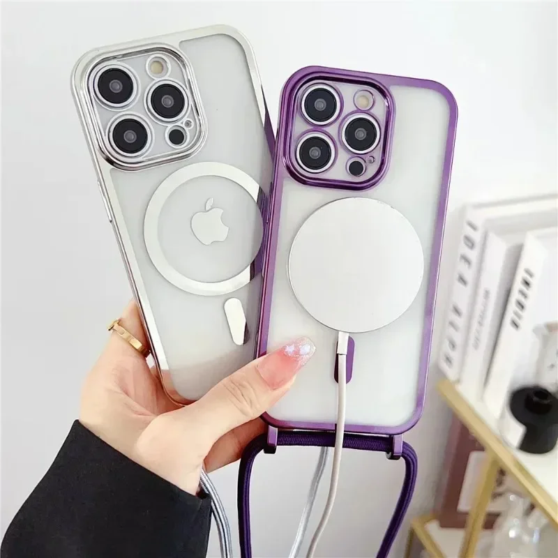 Crossboby Lanyard Phone Case For iPhone 16 15 14 13 12 Pro Max 11 For Magsafe Magnetic Necklace Cord Strap Plating Clear Cover