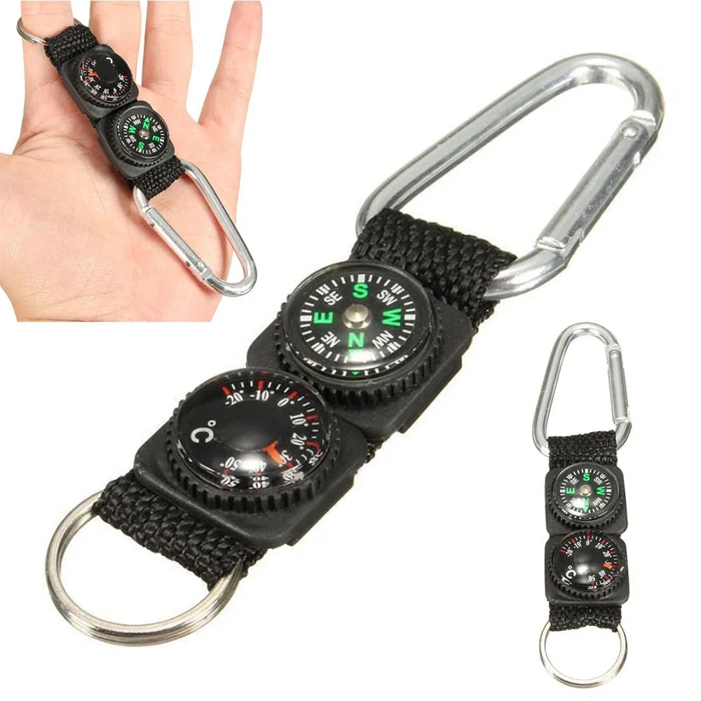 1Pc Universal 3in1 Multifunction Camping Hiking Mini Carabiner with Keychain Outdoor Tool Compass Thermometer Hanger Keyrings