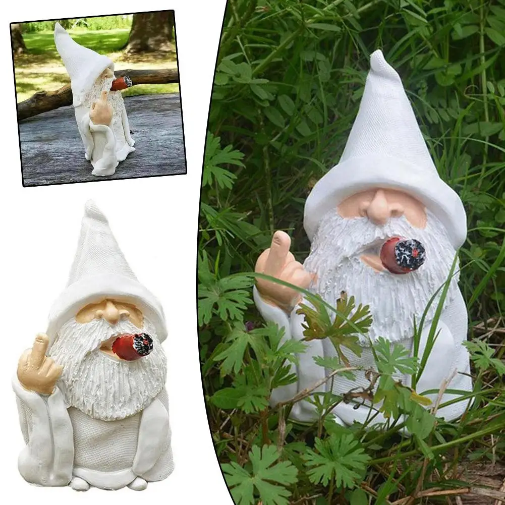 Smoking Wizard Statue Erect Middle Finger Provocative Figurines Ornaments Decoration Landscape Garden Resin Gnome Garden E4P2