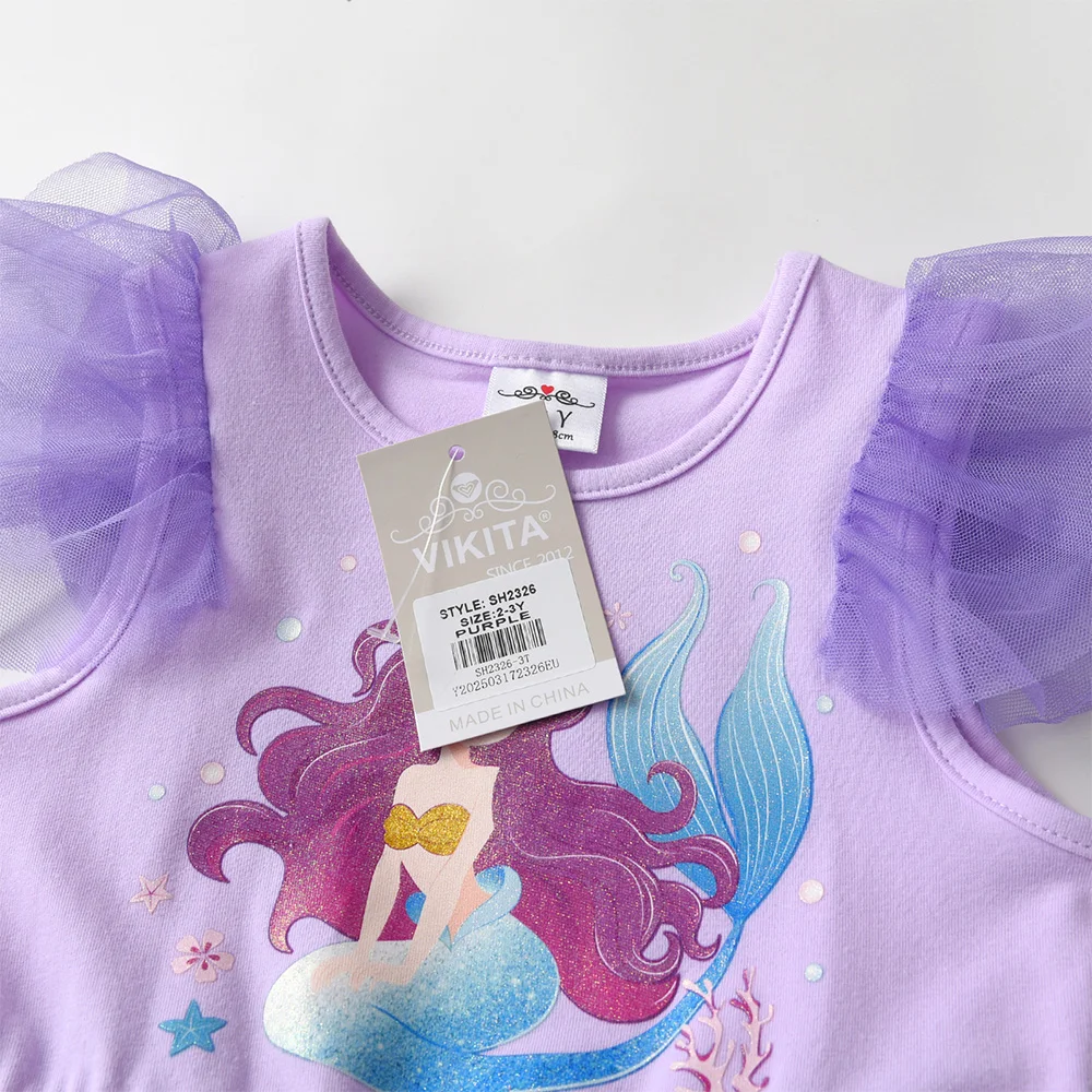 VIKITA Kinder Lila Meerjungfrau Cartoon Kleid Mädchen Trompetenärmel Prinzessin Mesh Tüll Geburtstag Party Schule Freizeitkleider Kinderkleidung – Detail 5