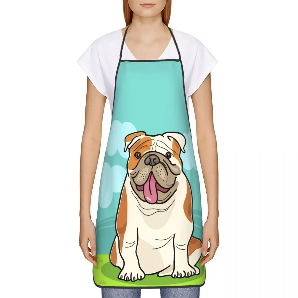 Funny Happy English Bulldog Dog Bib Aprons Men Women Unisex Kitchen Chef Cartoon British Dog Tablier Cuisine for Cooking Baking