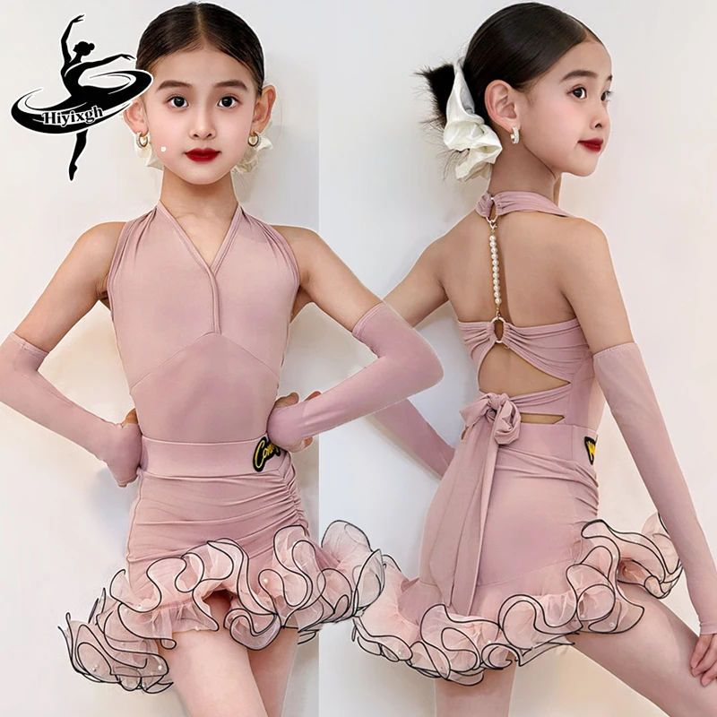 

2026 Latin Dance Dress Girl Performance Show Stage Wear Halter Pink Dance Suit Kid Professional Dancing Outfit Practice Set