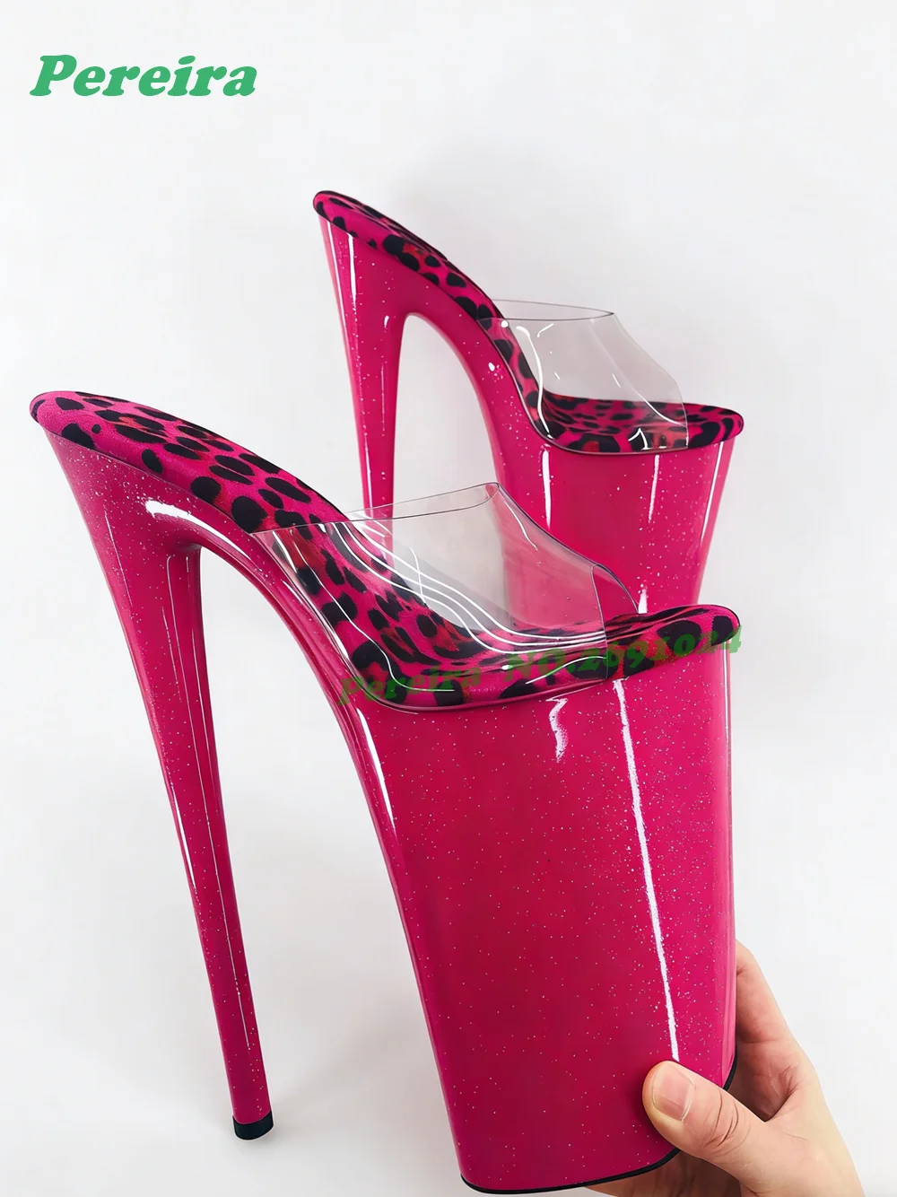Gold Metallic Leopard Print Platform Stiletto Mules Clear Strap Shiny Patchwork Women's Slippers Pole Dancing Performance Shoes