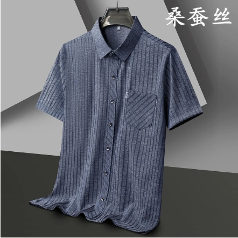 2024 New Men's Summer High-end Mulberry Silk Linen Shirt with Vertical Stripes, Fashionable Casual Short Sleeved Shirt