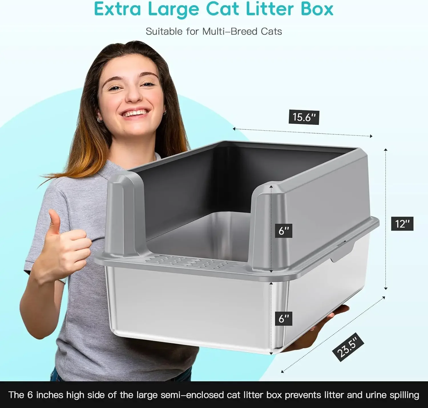 Stainless Steel Cat Litter Box Extra Large Cat Litter Box with Lid, Non-Leaking Easy to Clean Metal Cat Litter Pan for 2-3 Cats