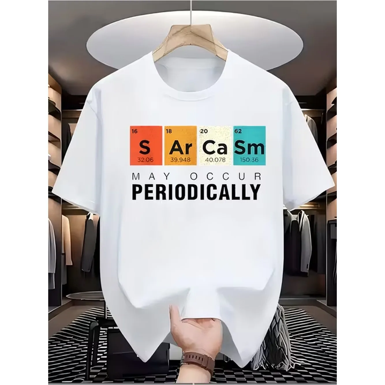 Mens Periodic Table Pattern T Shirt Beige Round Neck Casual Shirt Comfortable Essential For Science Fans And Humorous Enthusiasts Summer Wear Machine Washable Cotton Fabric Short Sleeve Mens Wear