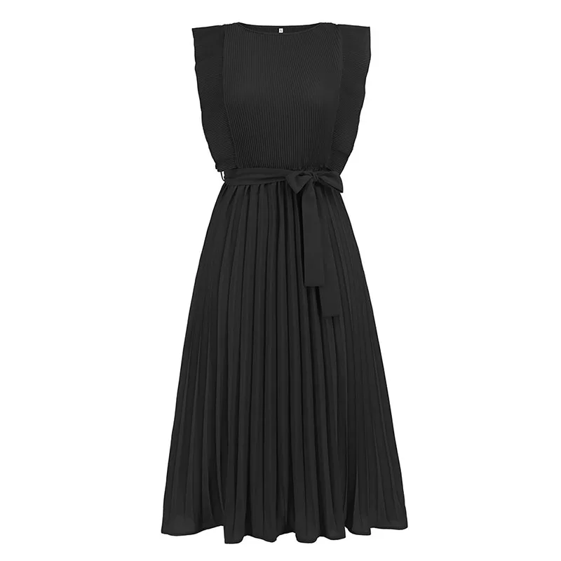 

Ruffle Sleeve Pleated Dress Women Elegant Office Solid Color O Neck Lace Up High Waist Pullover Long Dresses 2023 Summer New