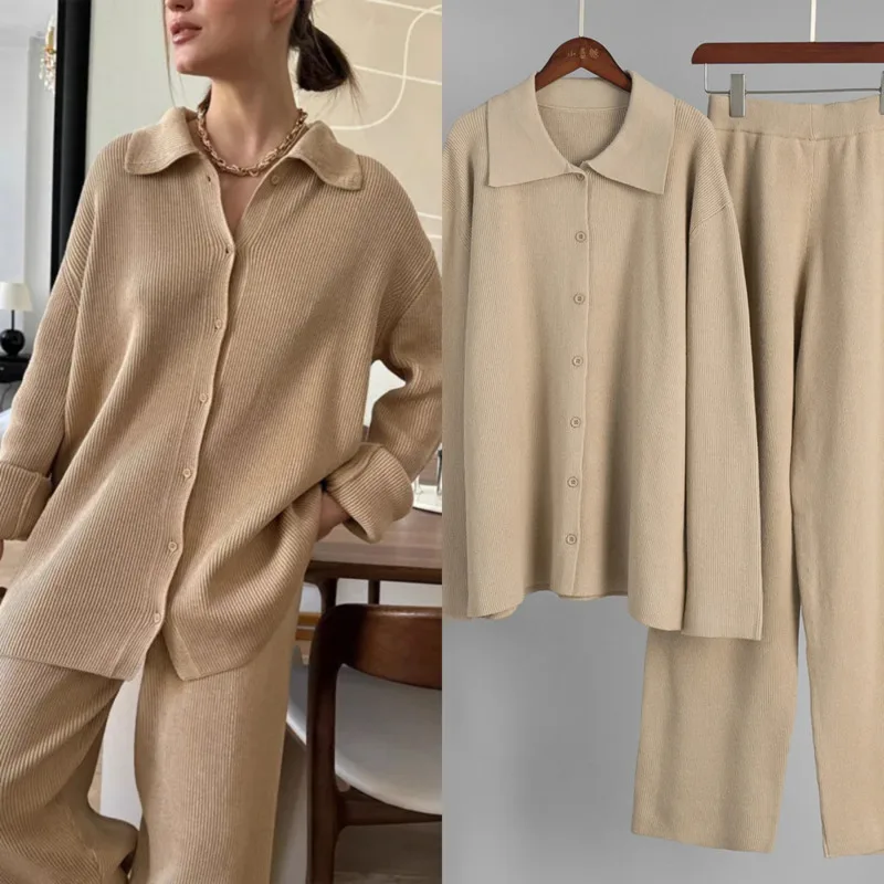 

2025 Autumn Winter Women Knitted 2 Piece Set Long Sleeve Turn Down Collar Pullover Sweater Top And Wide Leg Pants Office Outfit