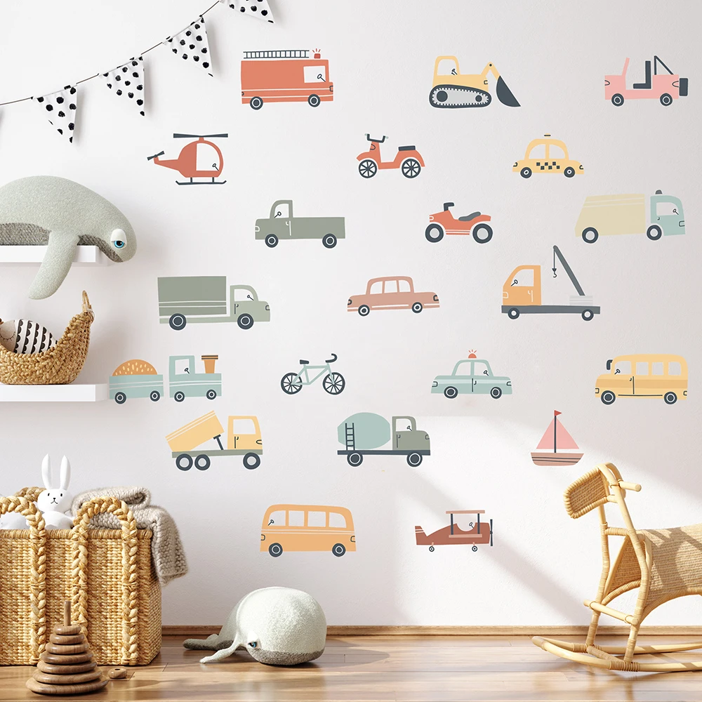 Cartoon Cars Truck Construction Wall Sticker Kids Room Baby Nursery Vehicle Kids Transport Wall Decal Bedroom Home Decor