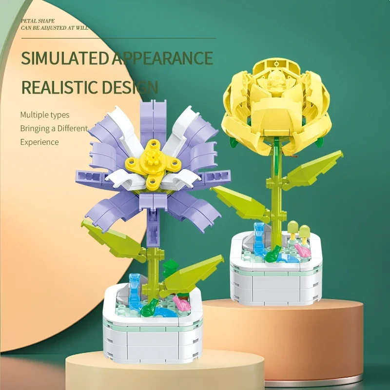 Bouquet Potted Building Blocks Eternal Flower Assembly Toys Saffron Lilac Gardenia  Model Bricks Diy Toys Kids Christmas Gifts