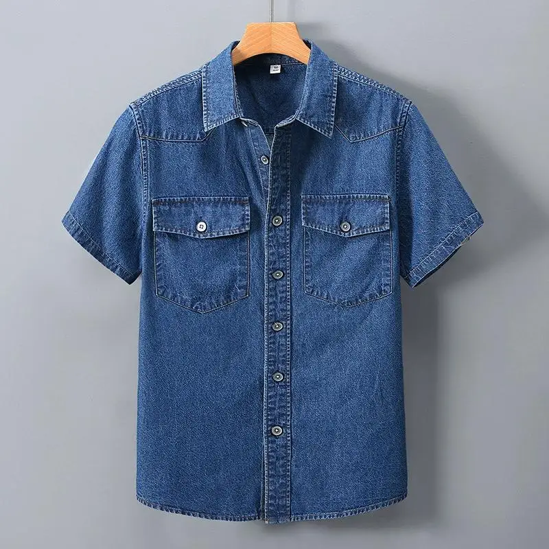 Classic Denim Wash Shirts For Men Short Sleeved Thin 100% Cotton Summer Quality Soft Comfortable Handsome Blue Camisas De Hombre