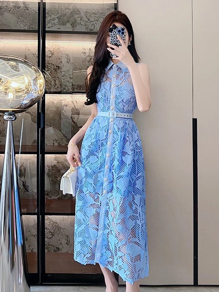 

Blue Heavyweight Lace Hollow Collar Ele Aosphere Small Fraance Sle Dr High Waist Slimming Long Dr Women