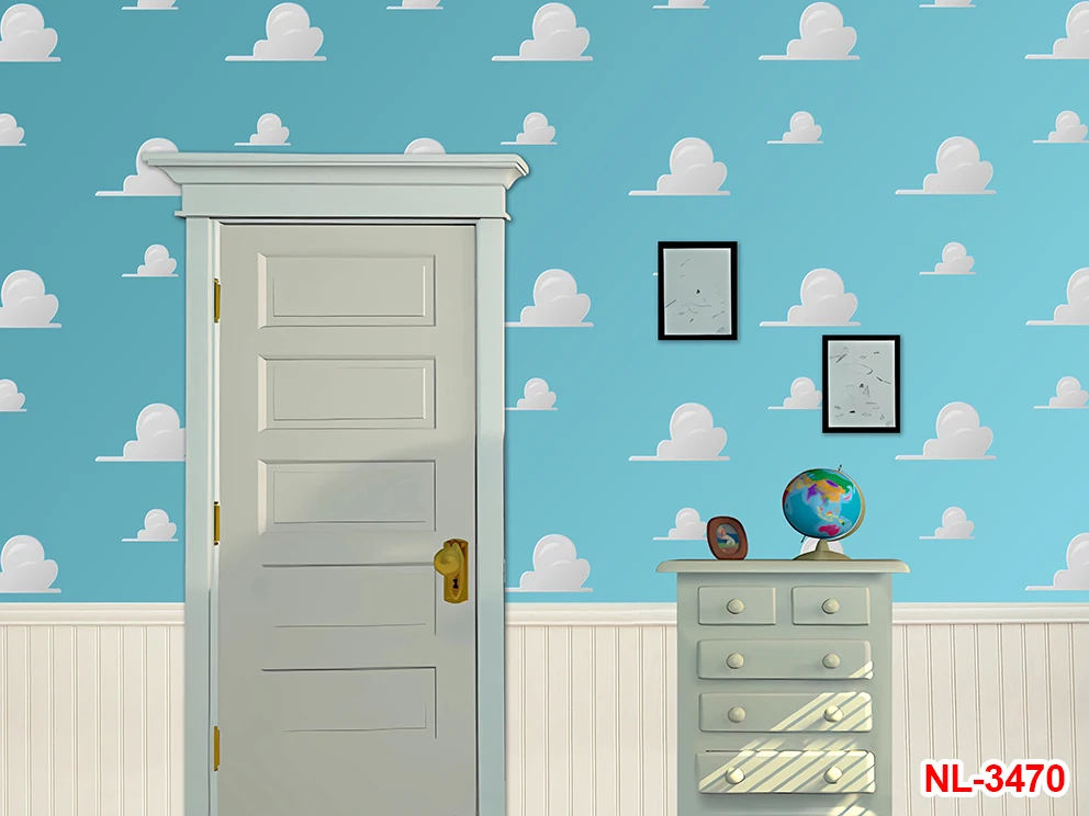 1st Birthday Toy Story Theme Backdrops Interior Window Door House Cloud Blue Sky Backgrounds Photographic Newborn Baby Props