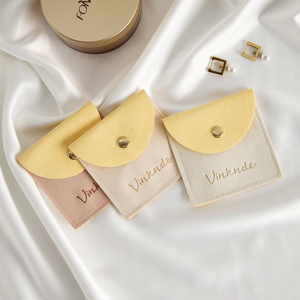 Custom Logo 8x8cm Jewelry Snap Bag Ring Earring Bracelet Microfiber Button Pouch Wedding Favors Christmas Gift Packaging Storage