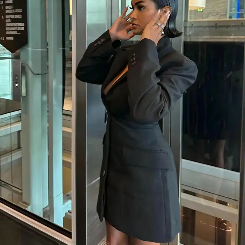 

Winter New Women's Faionable Long Sve Turn-down Collar Single Button Waist-cinched Mid-length Suit Jaet Commute Sle