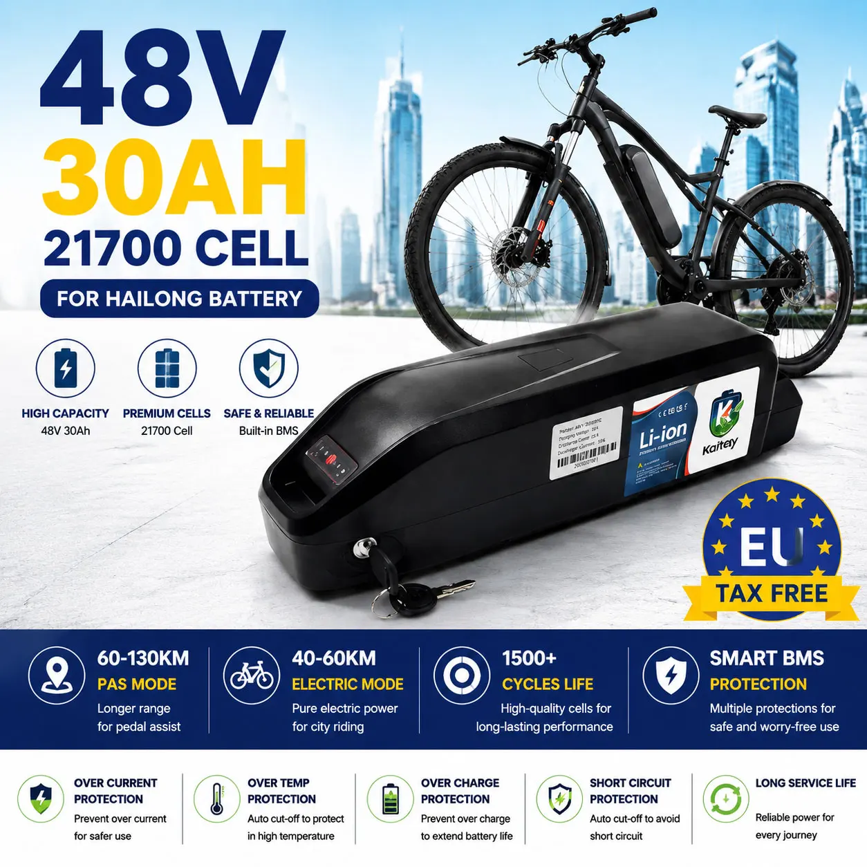 36V/48V 30AH für Hailong Lithium-Akkupack, 21700-Zellen mit max. 40A-50A BMS-Modul, Stromversorgung für 500-1500W Elektrofahrräder und -roller