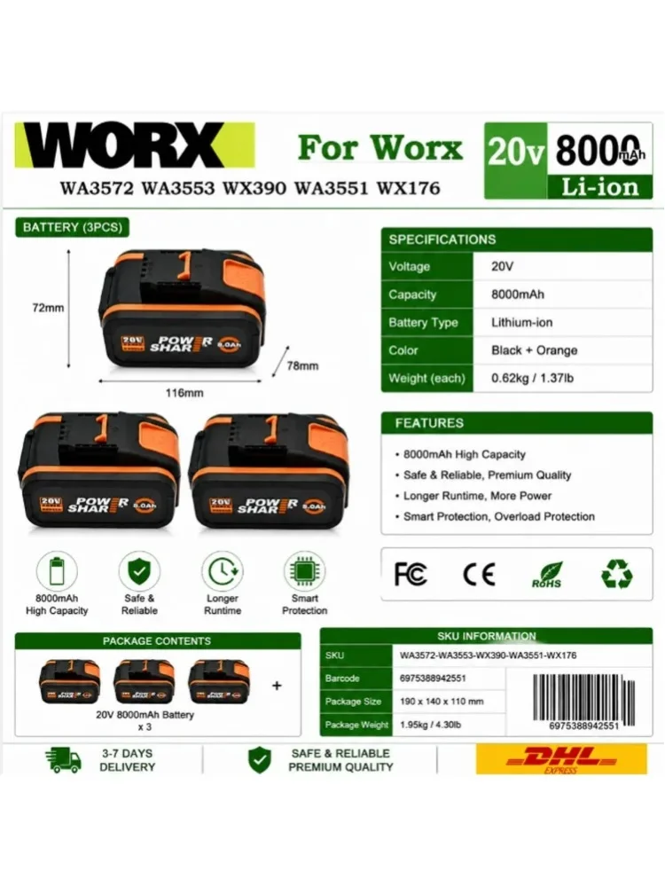 WA3553 20V 8000mAh Li-Ion Akku-Ersatzbatterie für Worx Elektrowerkzeuge WA3551 WX390 WX176 WX178 WX550 WX386 WX678 WG894E