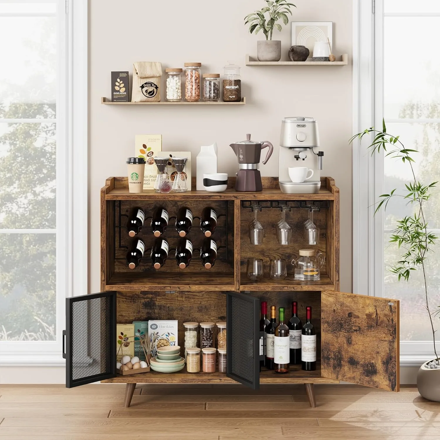 For Kitchen Dining Room Rustic Brown Wooden Wine Bar Cabinet with Adjustable Wine Rack Glass Hanger Sturdy Buffet Storage