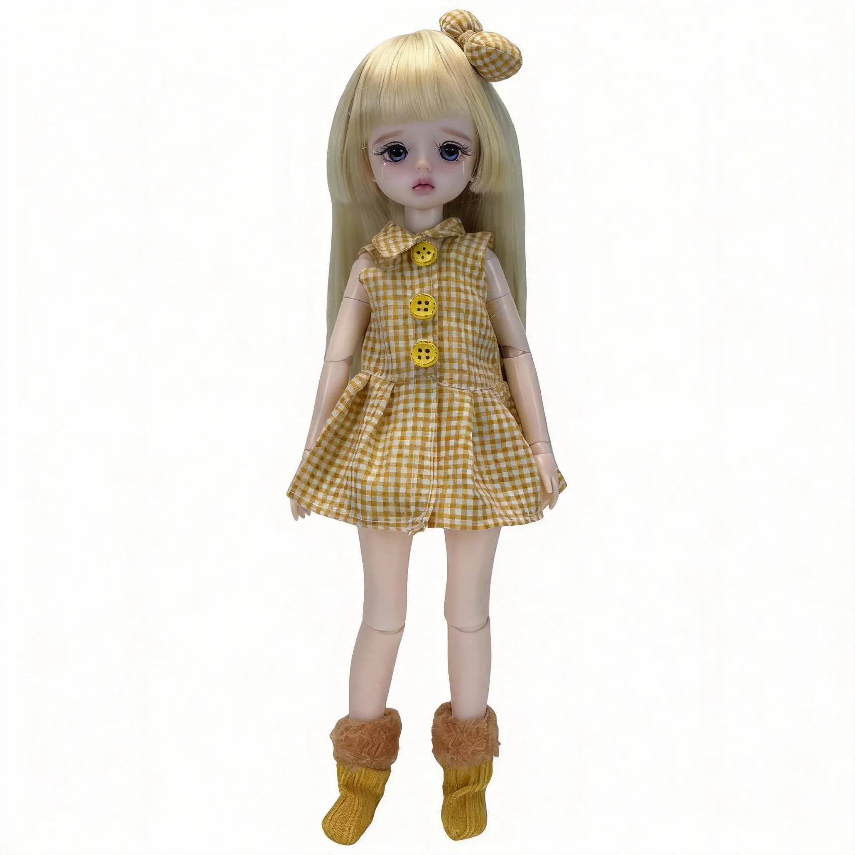 Conjunto de Ropa para Muñeca BJD de 30 cm 1/6 (Solo Ropa, Sin Muñeca) Vestido a Cuadros Amarillo, Cárdigan de Punto, Diadema con Lazo, Bolsa, Calcetines, Atuendo Estilo Cottagecore