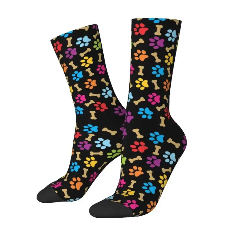 Unisex Paw Print Crew Socks, Novidade, Colorido, Dog Pattern, Primavera, Verão, Outono, Vestido de Inverno