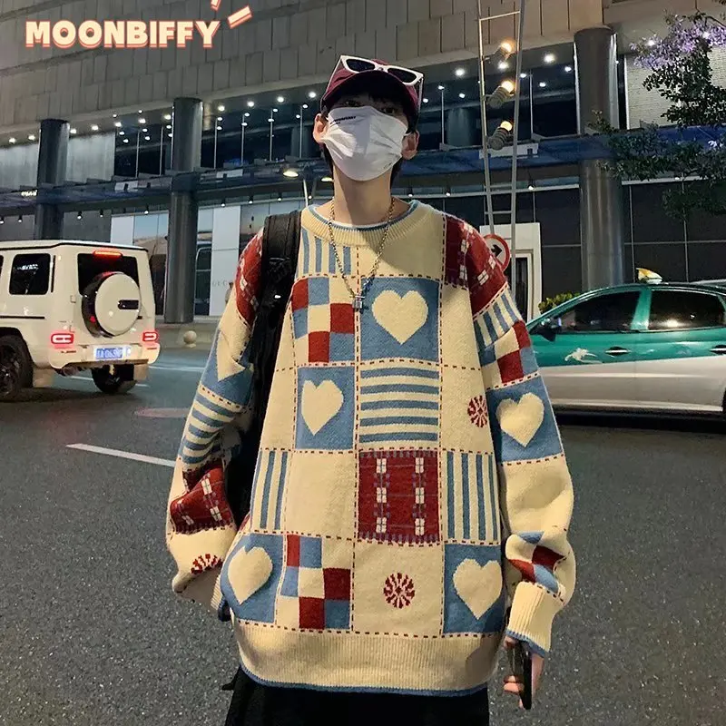 Harajuku Maglione grafico a forma di cuore Uomo Hip Hop Streetwear Autunno Maglione pullover oversize per uomo Maglioni moda сislavтukan