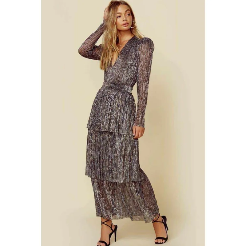 2023 Autumn Winter Dress Women Pleated Stitching High Waist Dress Women Puff Sleeve V-neck Irregular Evening Party Elegant Dress