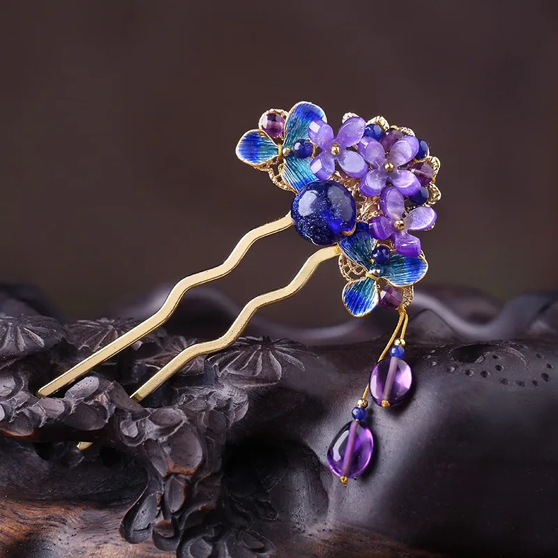 

Винтажная изящная фиолетовая заколка для волос с кисточкой из кристаллов и бисера, аксессуар для волос для женщин, подарок на свадебный фестиваль Ханфу