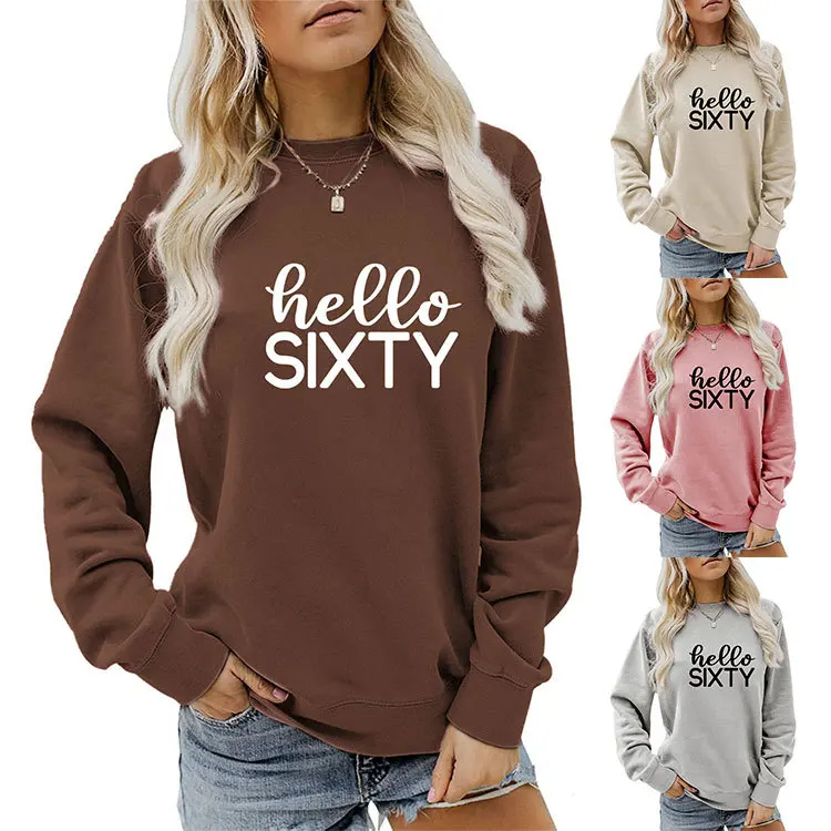 

New autumn crew-neck loose women's T-shirt hoodie hello sixty printed fashion long-sleeved top casual jumper