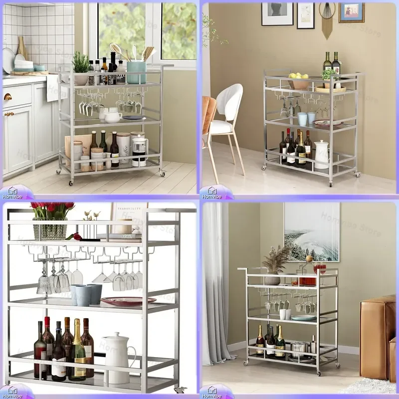 Commercial Mobile Dining Cart Hotel Tea Trolley 3 Tier Kitchen Serving Table Household Rolling Food Beverage Bar Shelf