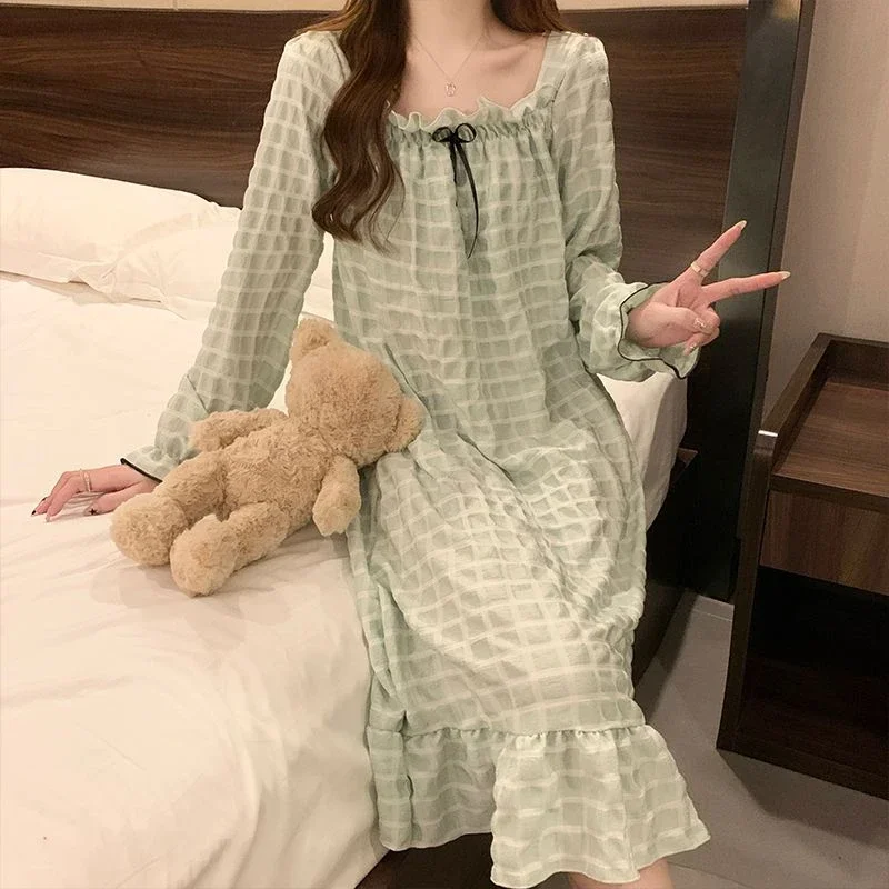 2024 New Women's Sweet Square Collar with Chest Pad Nightdress Spring Autumn Large Size Long Pajamas Simple Solid Color Homewear