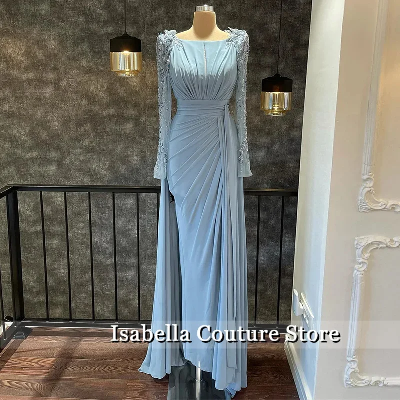 Elegant Wedding Guest Gowns for Women Light Sky Blue Chiffon Mother of the Bride Dress Long Sleeves Beaded Split Celebrity Dress