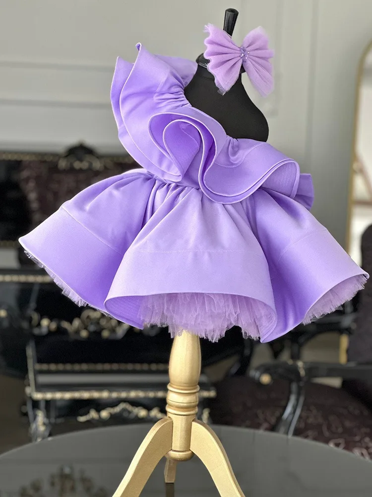 Luxe Meisjes Prinses Lotus Blad Kraag Enkele Schouder Paarse Kinderen Strik Tutu Bruiloft Kids Jurken Baby Verjaardag Feest Jurk