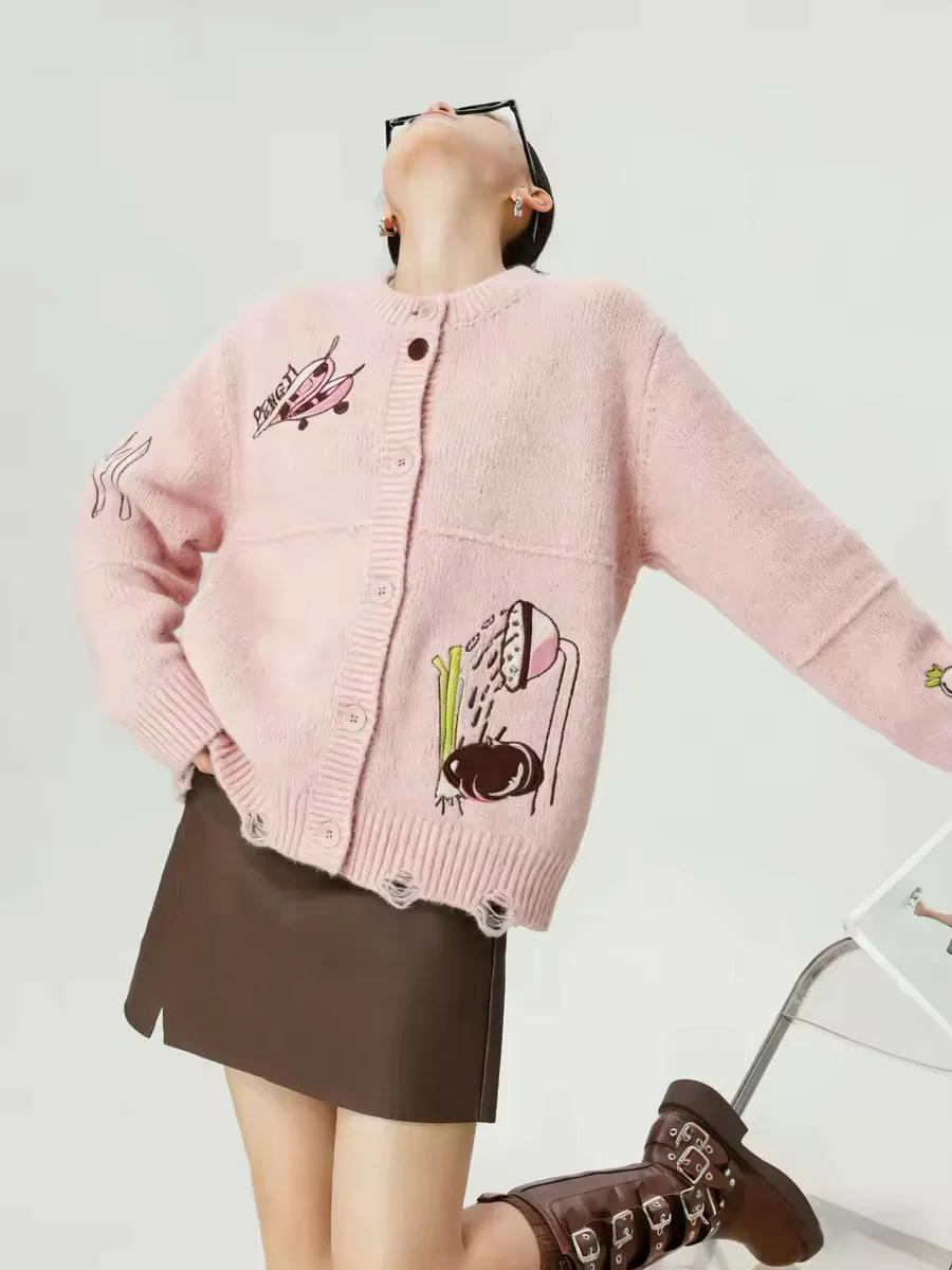 

Pink Fun Vegetable Plant Embroidery Knitted Sweater Cardigan Spring 2026 Women's New Design Casual Loose Fit round Ne Long ...