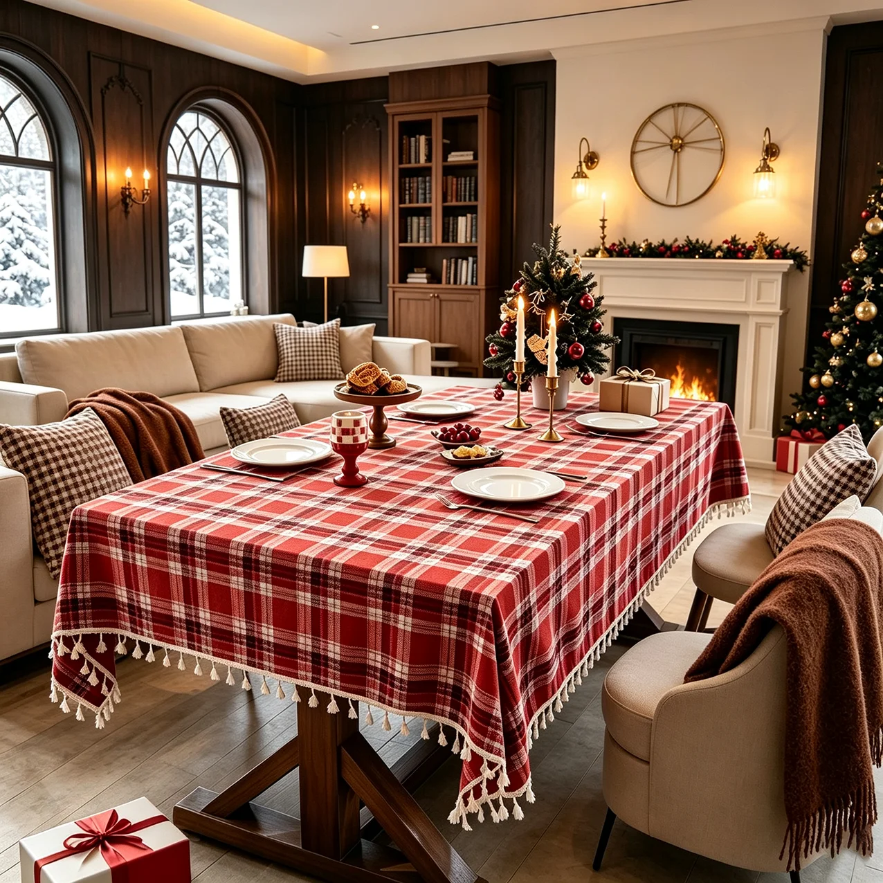 1pc Christmas Red Plaid Tassel Tablecloth, Dining Table Decor Cloth, Kitchen Living Room Xmas Holiday Party Table Cover