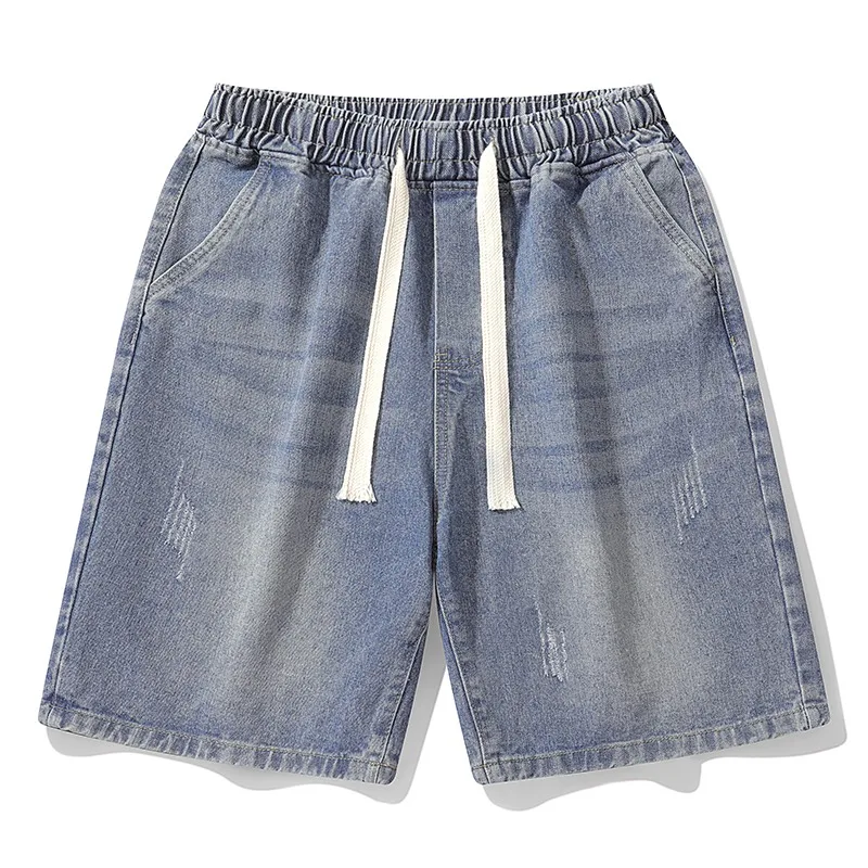 High Street Fashion Elastic Drawstring Waist Denim Shorts Men Loose Straight Thin Plus Size Trend Bermuda Pants