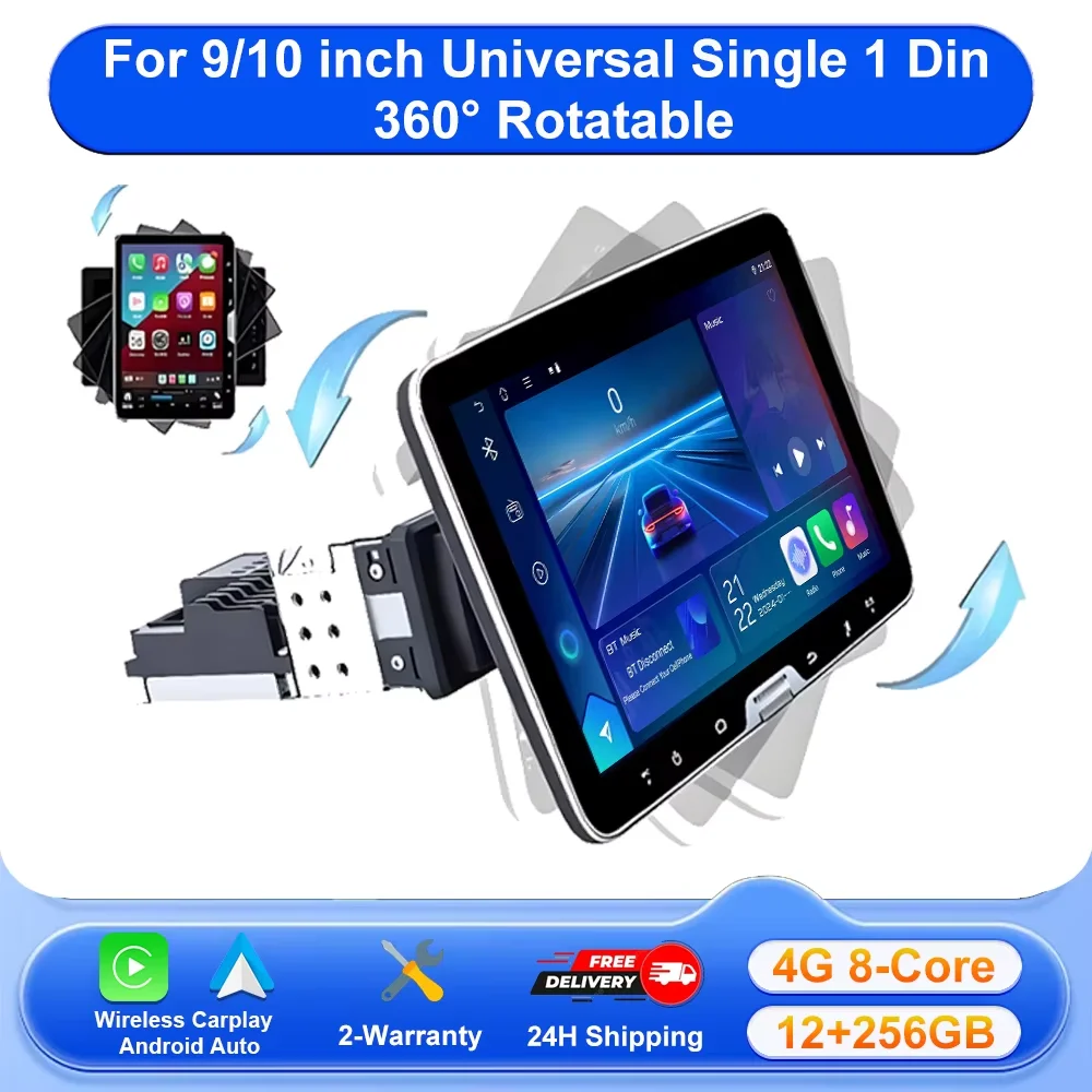 9/10 Inch Car Radio Universal Single 1 Din 360° Rotatable Car Radio Multimedia Player GPS Navi Automotive Stereo Carplay BT 4G