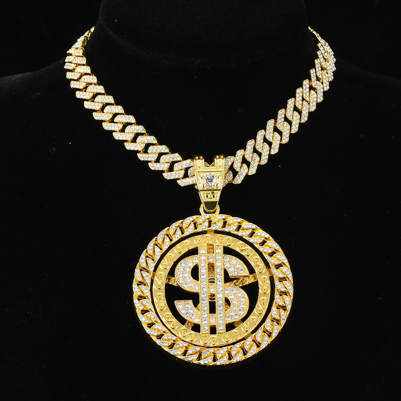 HIP HOP Rotatable Dollar Iced Out 13mm Miami Cuban Link Chain Pendant Necklaces Tennis Chain For Men\'s Women Rapper Jewelry