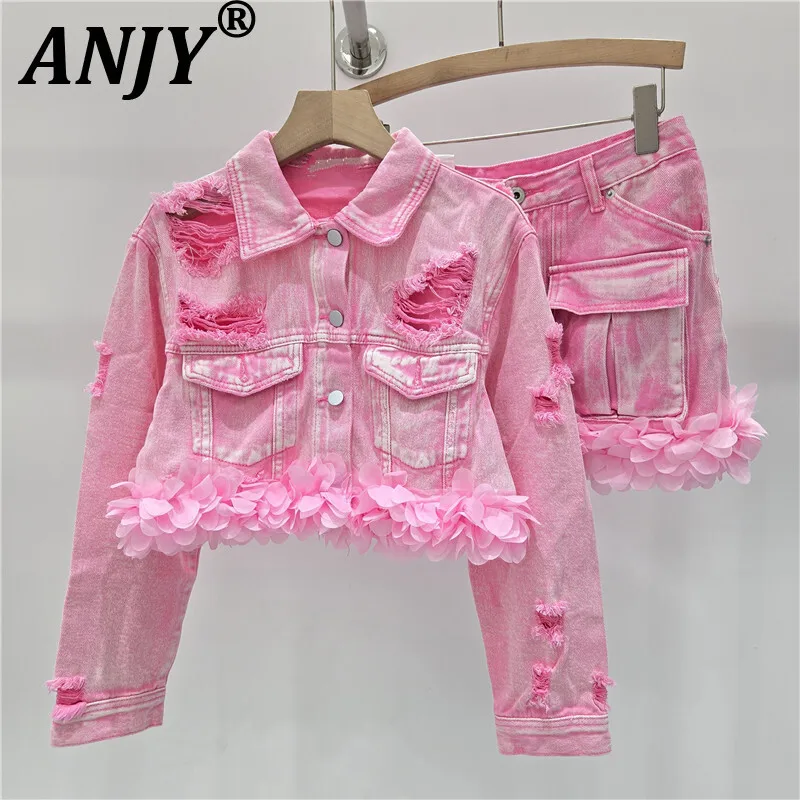

ANJY Autumn New Women Chic Two-piece Set Distressed Denim Patchwork Petal Design Sweet Short Jacket Pockets Y2K Mini Skirt A9310