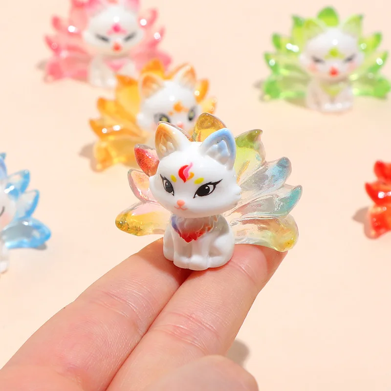 6Pcs Cute Nine-tailed Fox Resin Charms Cartoon Animal Figurines DIY Keychain Pendants Mini Desktop Car Ornaments Craft Supplies