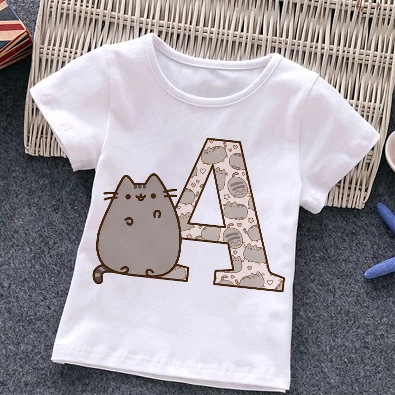 New Pusheen T-shirts for Children Kawaii Cartoon Letter Graphic T Shirts Girls Cotton Short-sleeved Tops Summer Kids Clothes