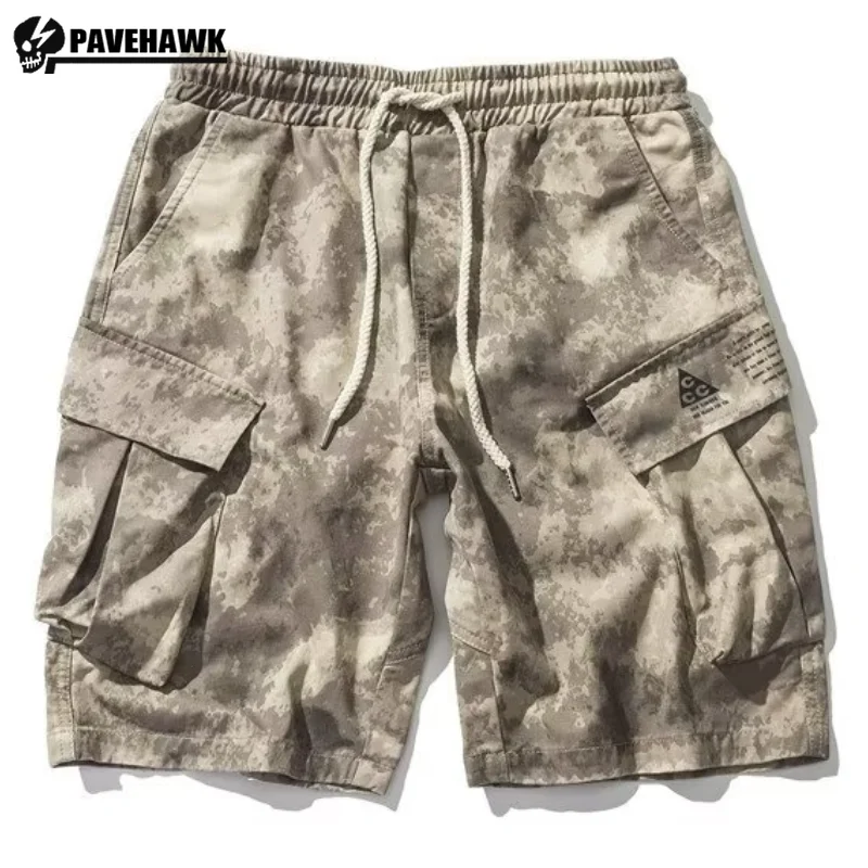 Summer Desert Camouflage Cargo Shorts Mens Retro Japanese Loose Tactics Combats Overalls Big Pocket Drawstring Tooling Mid Pants