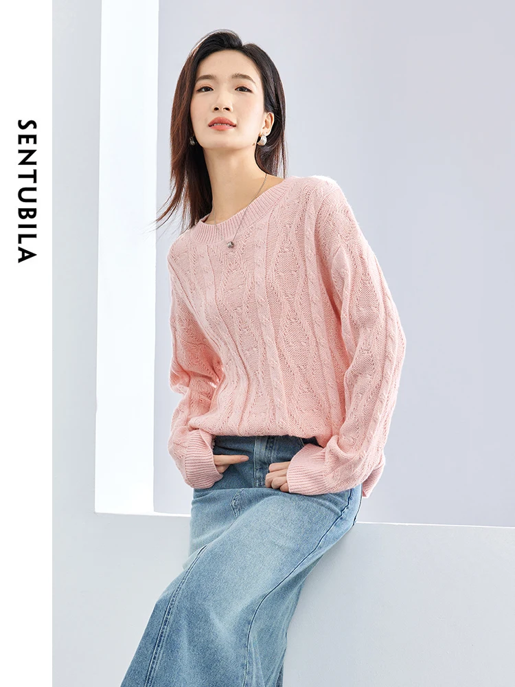 SENTUBILA Jacquard Pink Knitted Sweater Round Neck High Strecth Loose Knit Pullovers 2024 Spring Soft Female Knitwear W41E53437